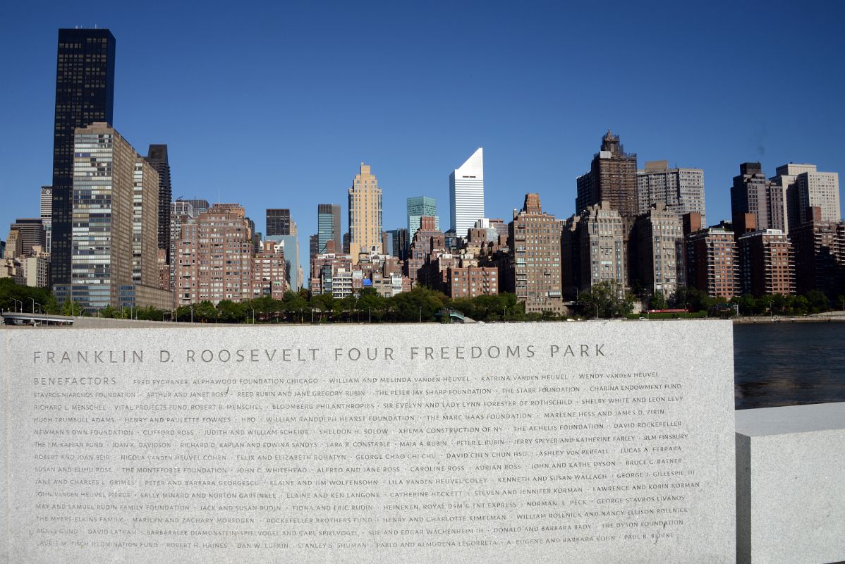 28 New York City Roosevelt Island Franklin D Roosevelt Four Freedoms Park Entrance Sign And Manhattan With Trump World Tower, Yellow Grand Beekman Condo, Green 599 Lexington Avenue, Citicorp Center
